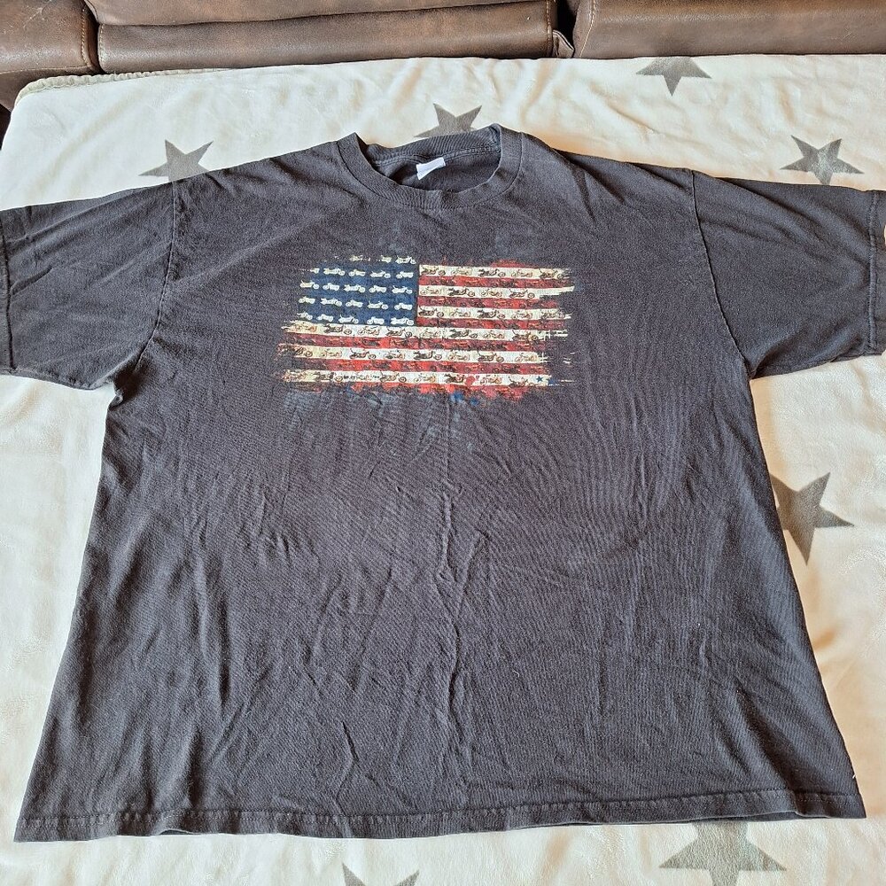 Vintage American Flag Motorcycle Mens Unisex Graphic T-Shirt‎ 2XL 100% Cotton